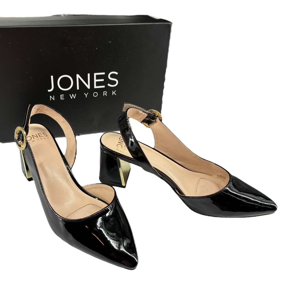 Jones New York Candree Black Patent Slingback Block‎ Heel Pumps Womens 6.5M